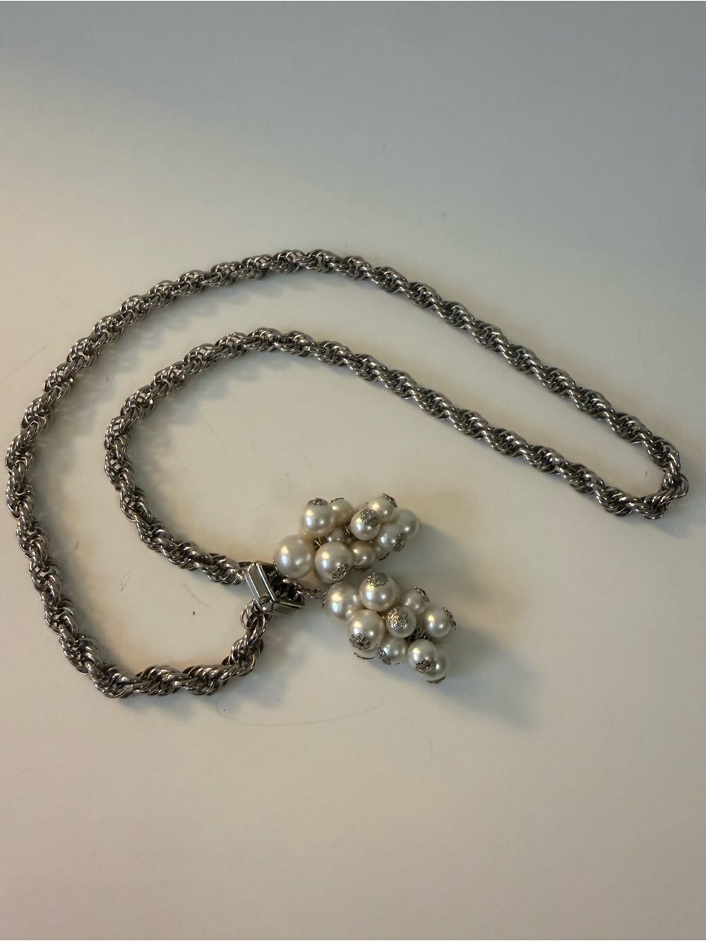 Silver-Tone Bolo/Lariat Rope Chain Necklace with Pearl Cluster Pendant